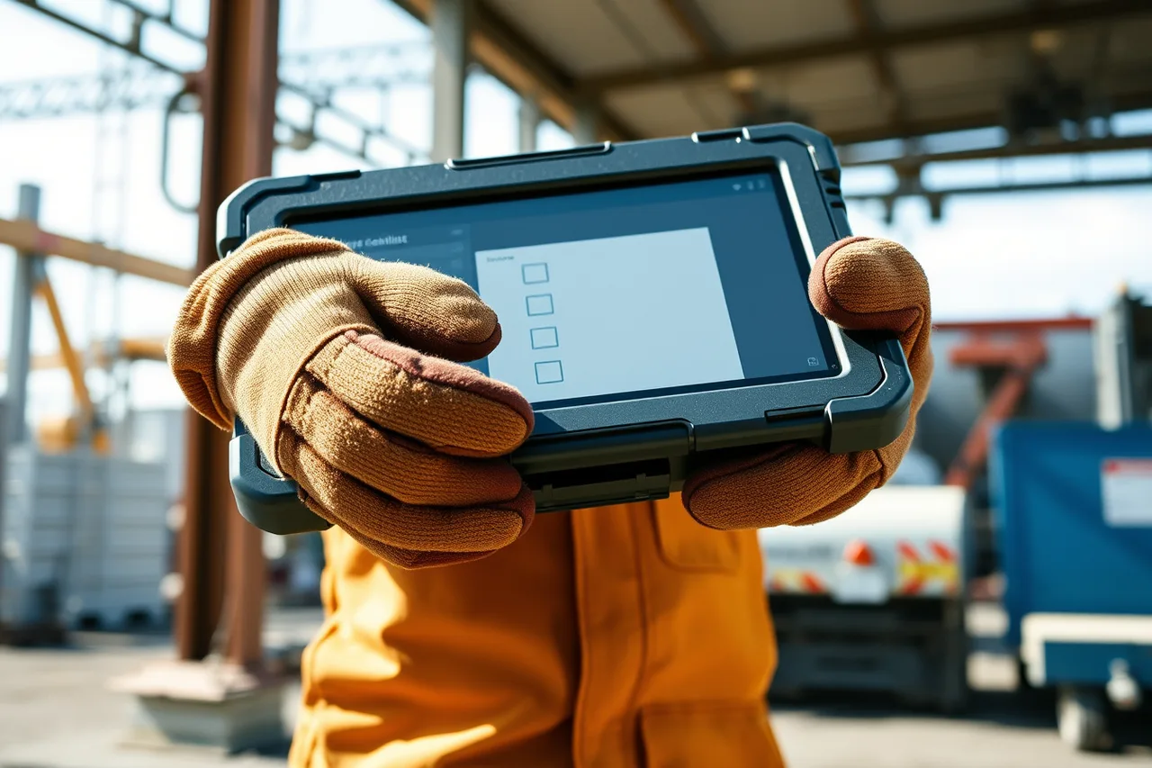 Worker in gloves using a tablet checklist in bright outdoor sunlight while holding a tool (Choosing operational checklists software vs sticking with paper lists)