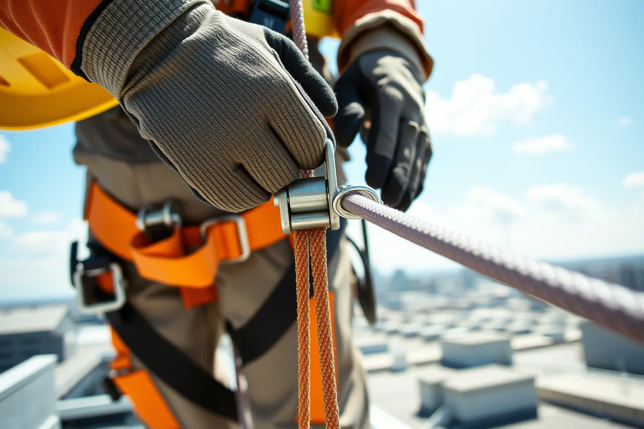 Worker inspecting fall arrest lanyard and self-retracting lifeline on roof (Which OSHA safety checklist template fits Houston construction and manufacturing sites?)