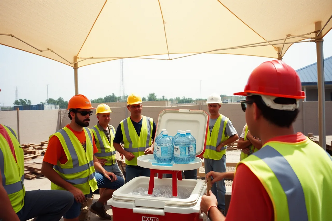 Outdoor crew resting in shade with water cooler nearby (Which OSHA safety checklist template fits Houston construction and manufacturing sites?)